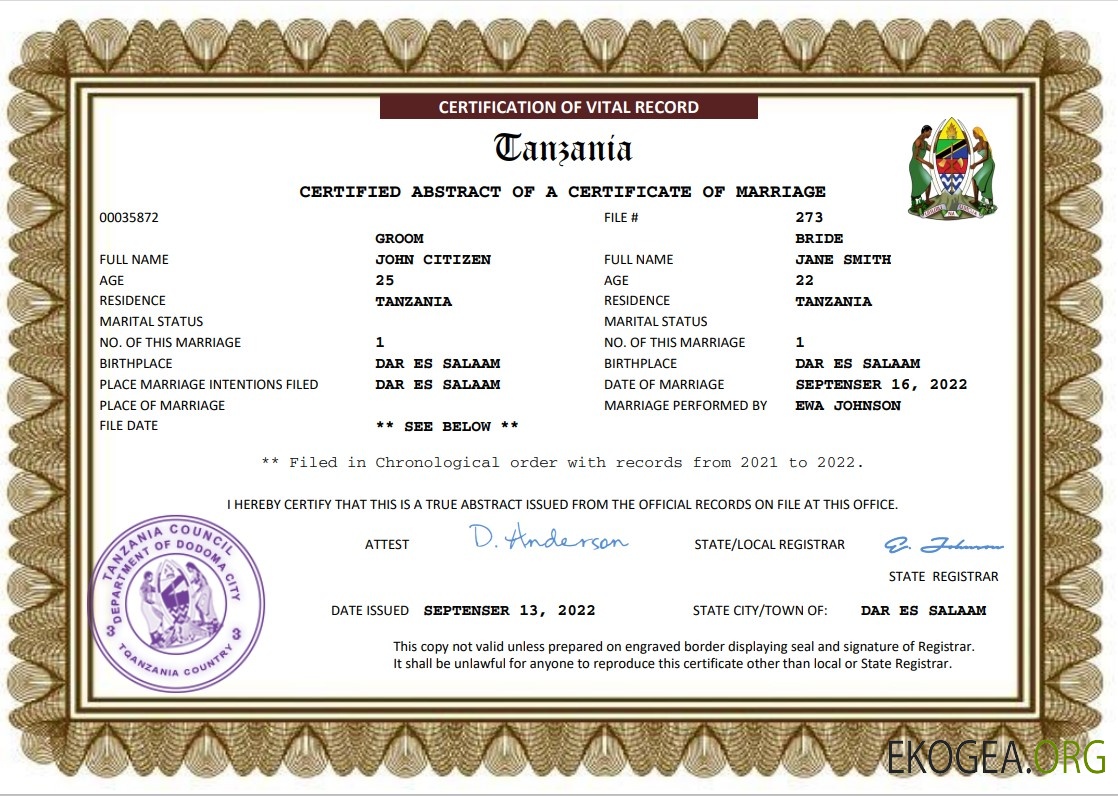 Modèle Word et PDF de certificat de mariage en Tanzanie